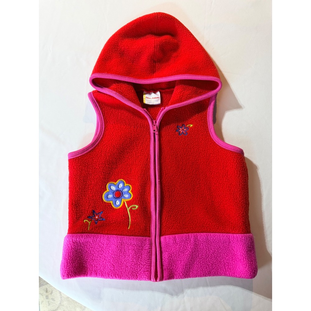 Hanna Andersson Kids Red Pink Floral Fleece Hooded Vest Size 5 Made in USA